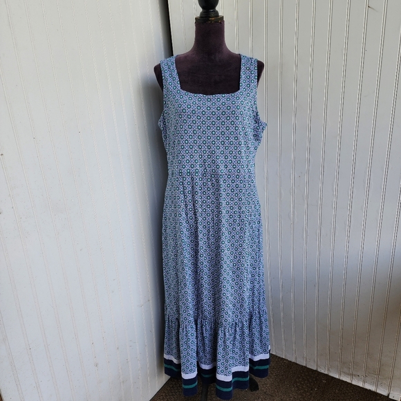 Lands End Dress Geo Print Sleeve Soft Stretch Pockets Casual Travel Midi L 14-16 - Picture 1 of 13